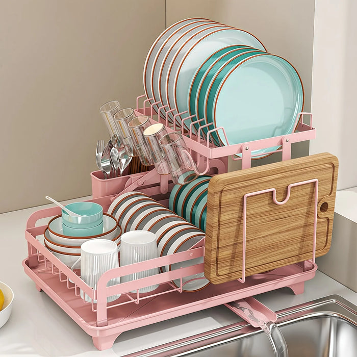 2-Tier Metal Dish Drying Rack with Drainboard — No Assembly, Foldable (Pink)