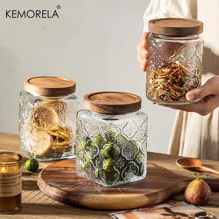 Vintage Glass Canister with Wooden Lid — Airtight Embossed Jar (M)