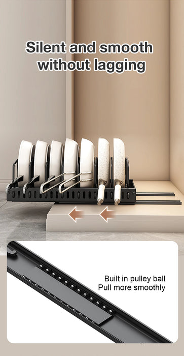 Pull-Out Pots & Pans Organiser — Sliding Lid Holder & 8-Compartment Kitchen Rack (White/Black)