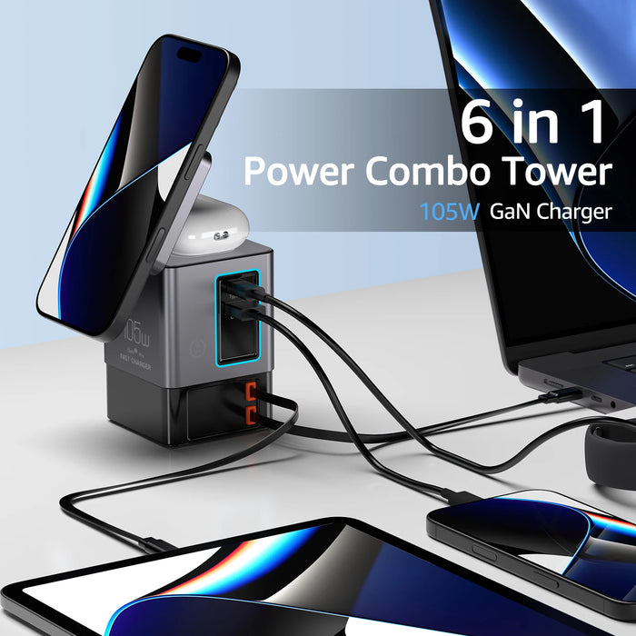 6‑in‑1 Charging Station with Retractable USB‑C — Multi‑Device Power Tower