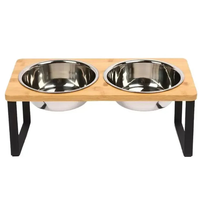 Elevated Wooden Pet Bowl Stand — 15° Tilt, Stainless Steel Double Bowls