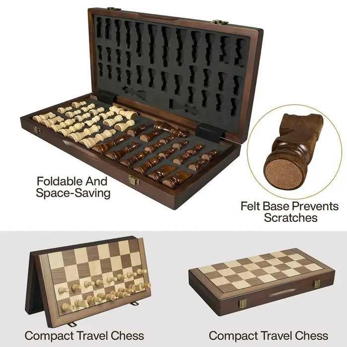 39.3cm / 15.47in Magnetic Wooden Folding Chess Set with 2 Extra Queens – Travel & Tournament