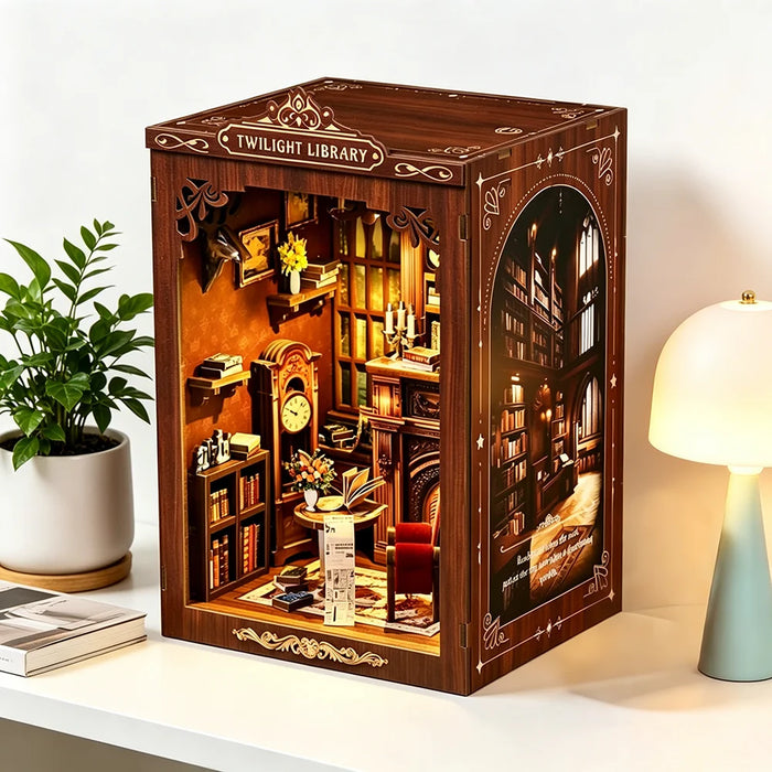 Twilight Library DIY Wooden Bookend Miniature Cottage with Touch LED