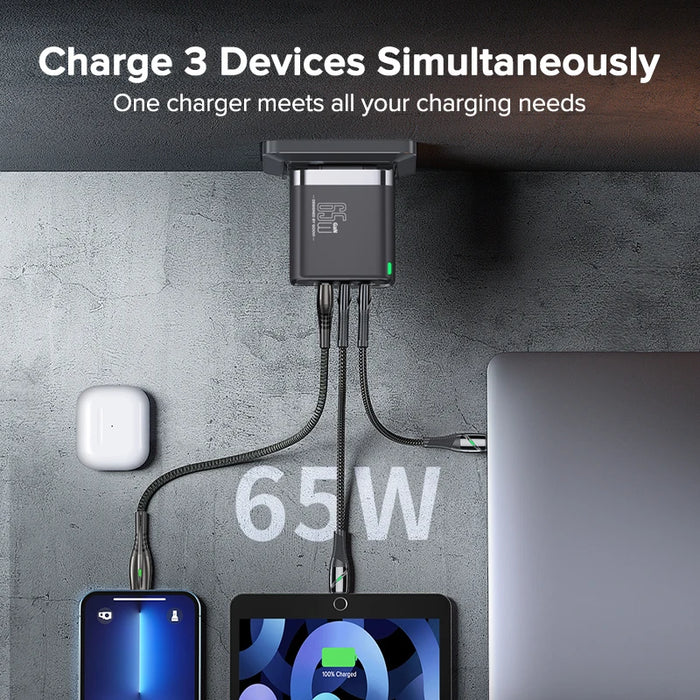 QOOVI 65W GaN 3‑Port Charger – USB‑C PD & Quick Charge 4.0, 2x USB‑C + USB‑A