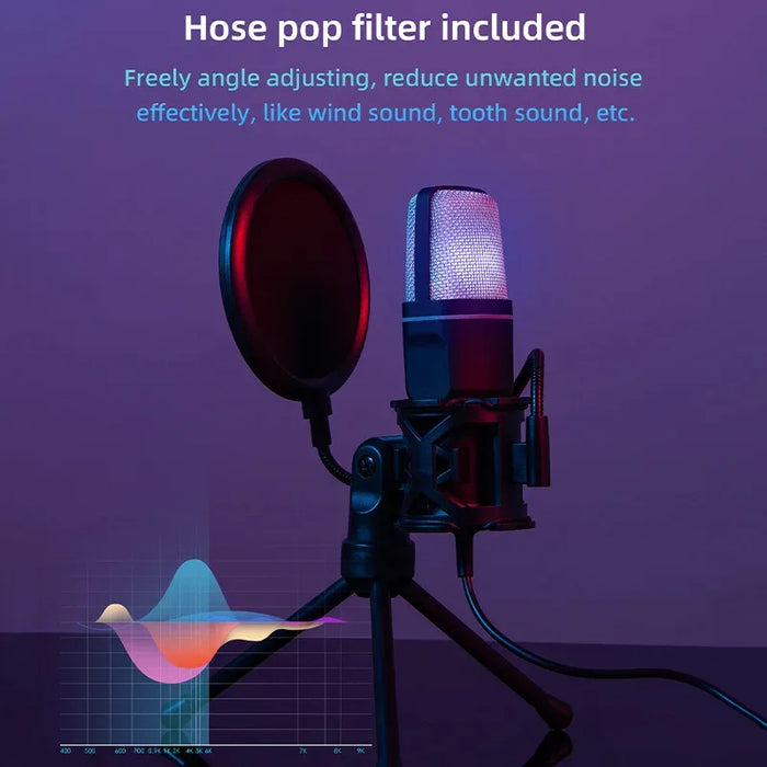 USB Condenser Microphone with RGB Lighting — Noise‑Reducing Streaming & Gaming Mic (Black)