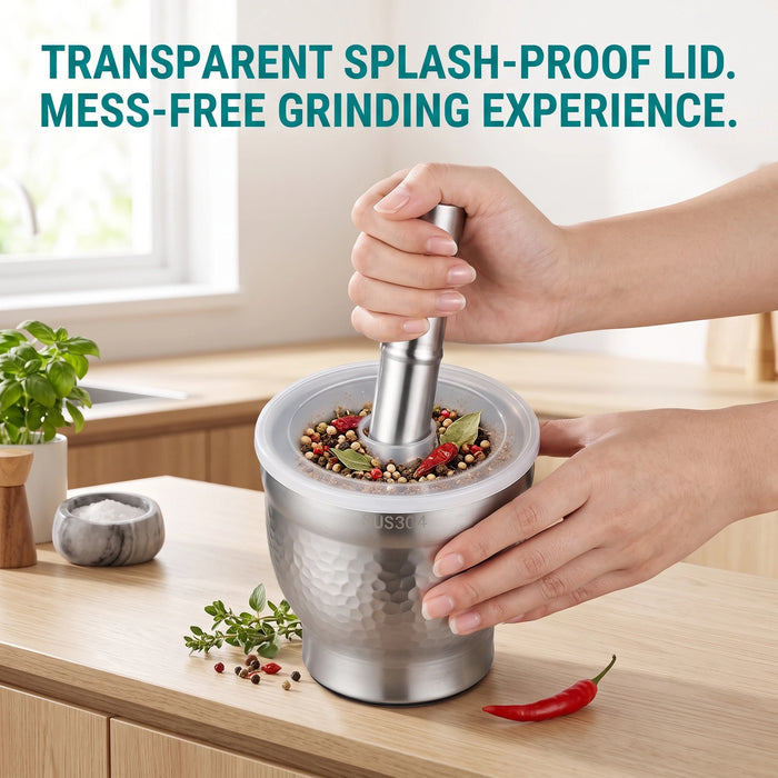 Stainless Steel Garlic Crusher with Covered Bowl — Manual Grinder for Garlic, Herbs & Spices
