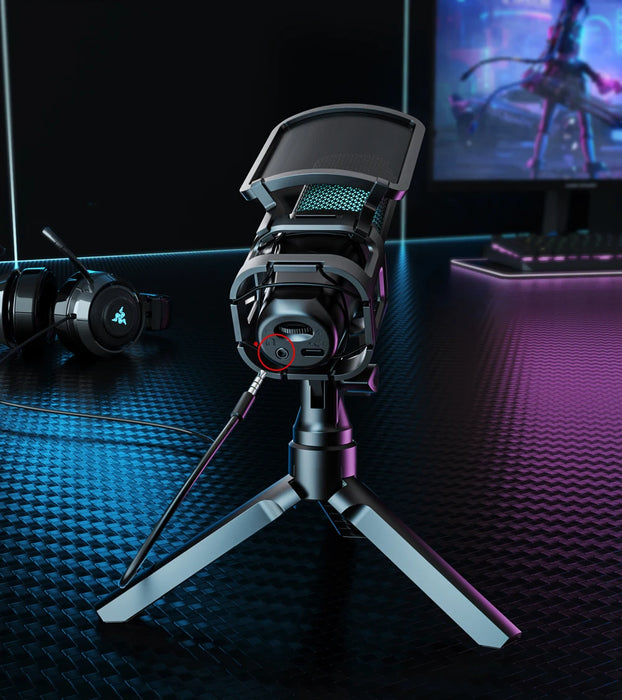 RGB USB Condenser Microphone with Articulated Boom Arm & Tripod for Streaming