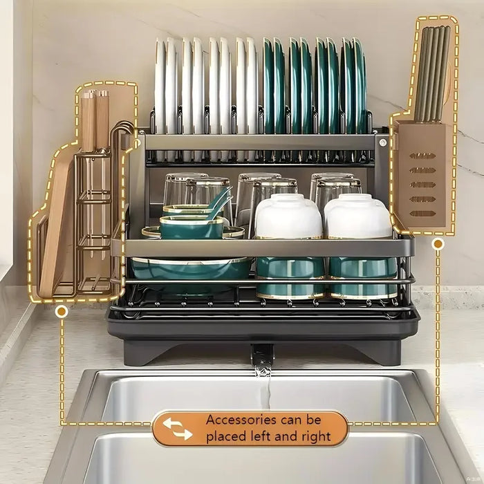 2-Tier Dish Drainer Rack with Drip Tray and Swivel Drain Spout, Utensil & Cup Holders