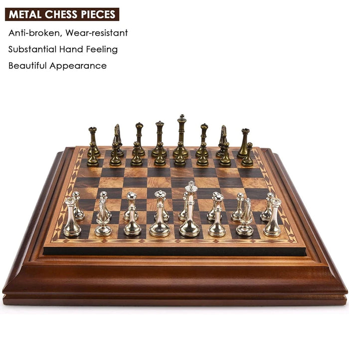 High‑end desktop 36cm (14in) wooden chess set with detachable metal pieces — king 6.3cm, gift box