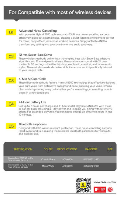 Baseus E Series – ANC True Wireless Earbuds, 12mm SuperBass, Bluetooth 6.0