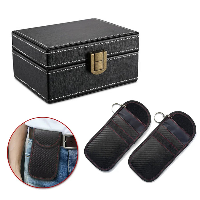 2x PU Signal-Blocking Pouches + Wooden Faraday Box | Car Key Fob RFID Security