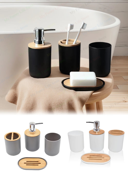 4‑Piece Bathroom Accessory Set – Plastic with Bamboo Toothbrush Holder, Cup & Soap Dish (1‑pc Lotion Dispenser option)
