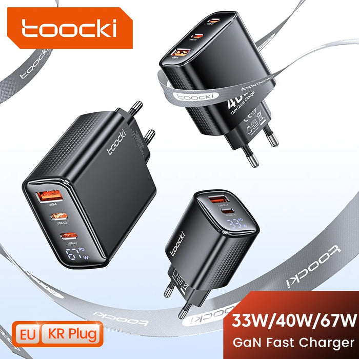 GaN USB‑C Fast Charger 33W / 40W / 67W (PD & QC) — Digital Display on 33W & 67W, EU & KR Plug