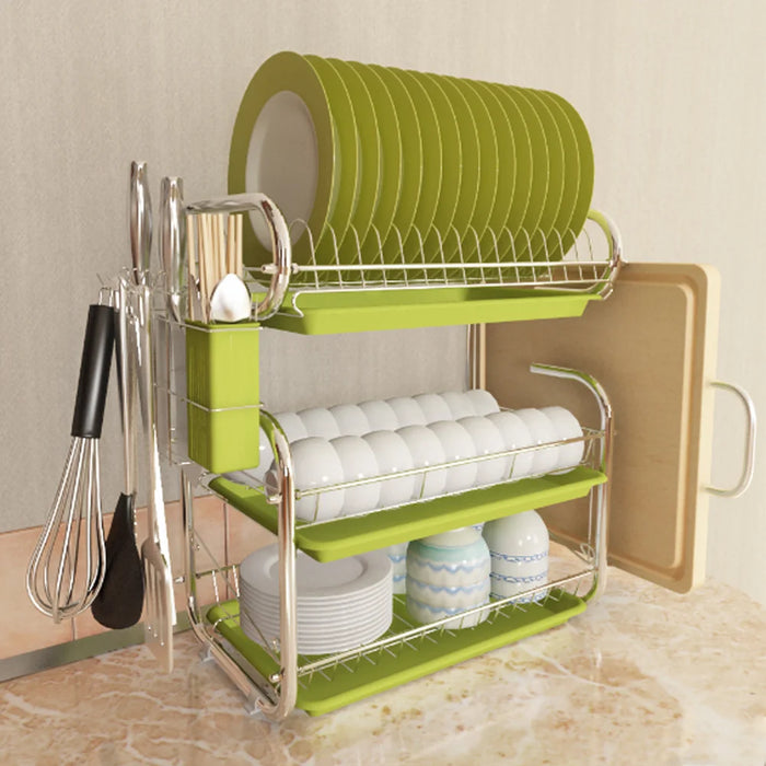 3-Tier Chrome Kitchen Drying Rack with Drip Tray