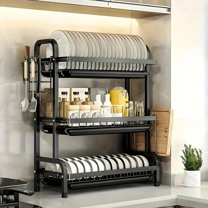 Large 2- or 3-Tier Carbon Steel Dish Rack – Auto-Draining Kitchen Organiser (Black)