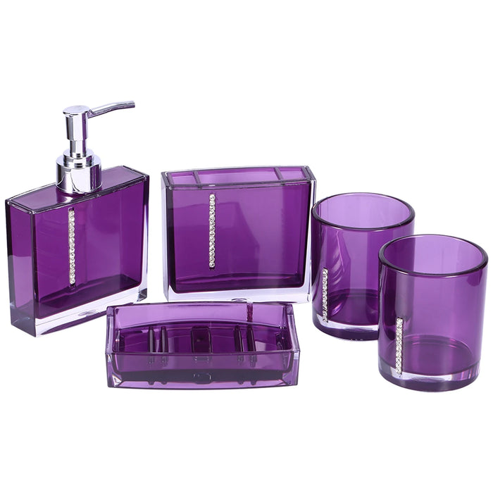 5‑Piece Purple Acrylic Bathroom Set — Emulsion Bottle, Toothbrush Holder, Soap Dish & 2 Cups