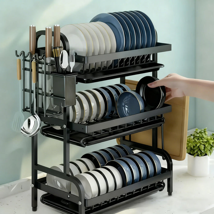 Large 2- or 3-Tier Carbon Steel Dish Rack – Auto-Draining Kitchen Organiser (Black)