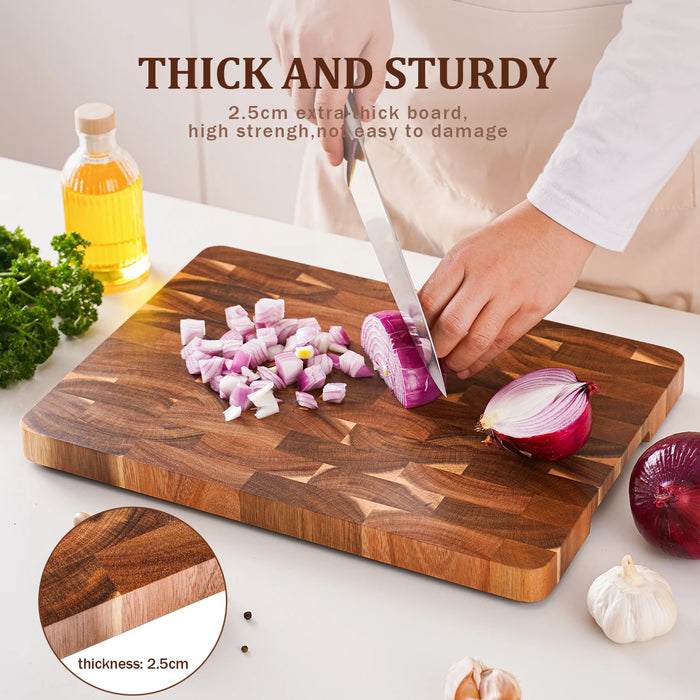 15-inch End Grain Acacia Rectangular Chopping Board with Side Handle (390×275×25mm)