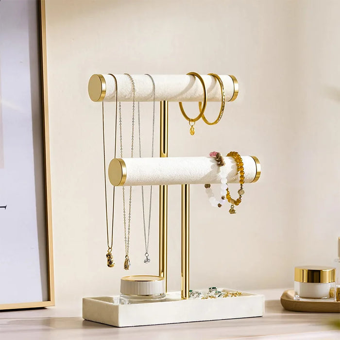 Two-Level T-Style Wooden Bangle Stand – Velvet-Lined Jewellery Display