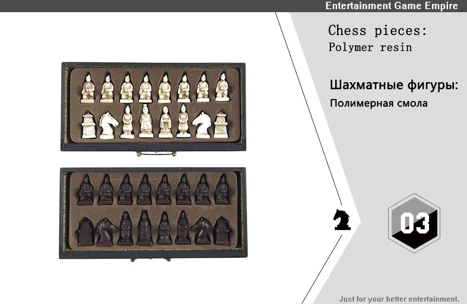 Retro Terracotta Warriors Chess Set — 26 cm Wooden Board with Resin Chessmen