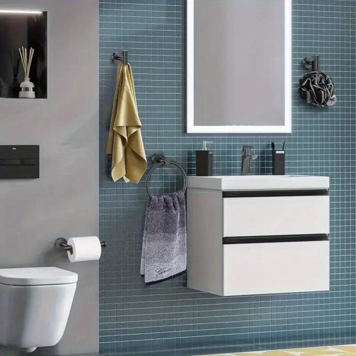 4-piece Stainless Steel Bathroom Set — Toilet Roll Holder, Towel Ring & 2 Hooks