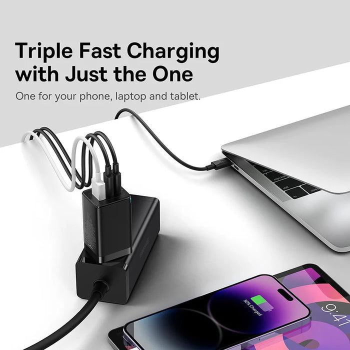 Baseus GaN5 Pro 65W Fast Charger – 3‑Port USB‑C PD & QC with 1m 100W Cable