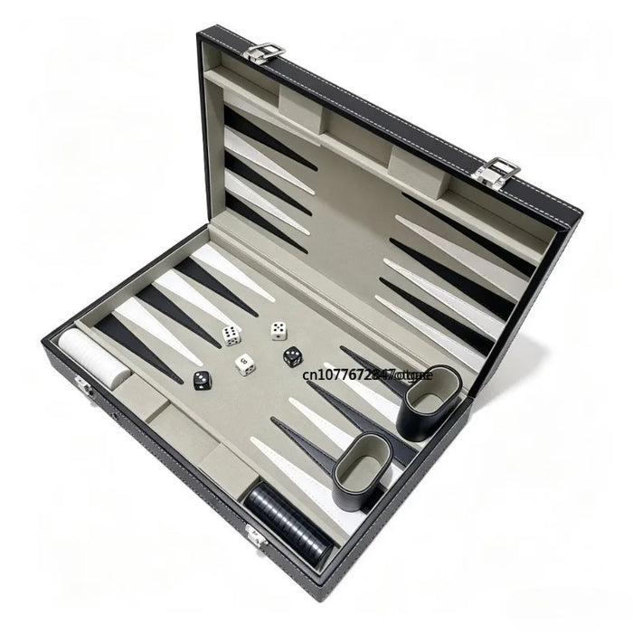 Backgammon & Chess Folding Set in Stitched Black Leatherette Case