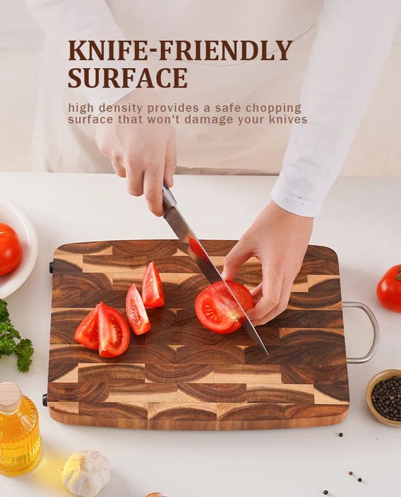 End-grain Acacia Butcher Block Cutting Board with Handle — 395×249×25 mm