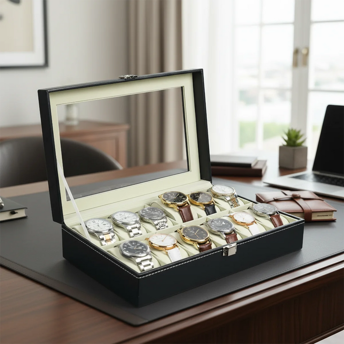 12-Slot Watch Box — Grey PU Leather with Clear Window & Velvet Lining