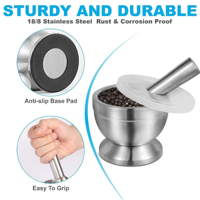 18/8 (304) Stainless Steel Mortar & Pestle Set with Non-Slip Base - Silver