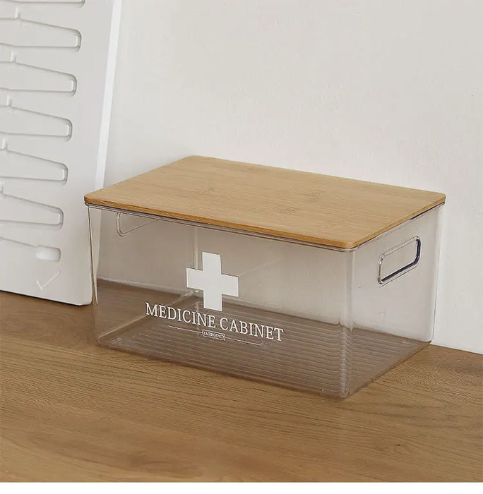 Reusable Plastic Medicine Box with Bamboo-style Cover — Black, Solid-colour