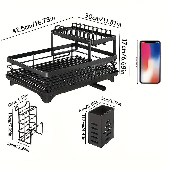 2-Tier Dish Drainer Rack with Drip Tray and Swivel Drain Spout, Utensil & Cup Holders
