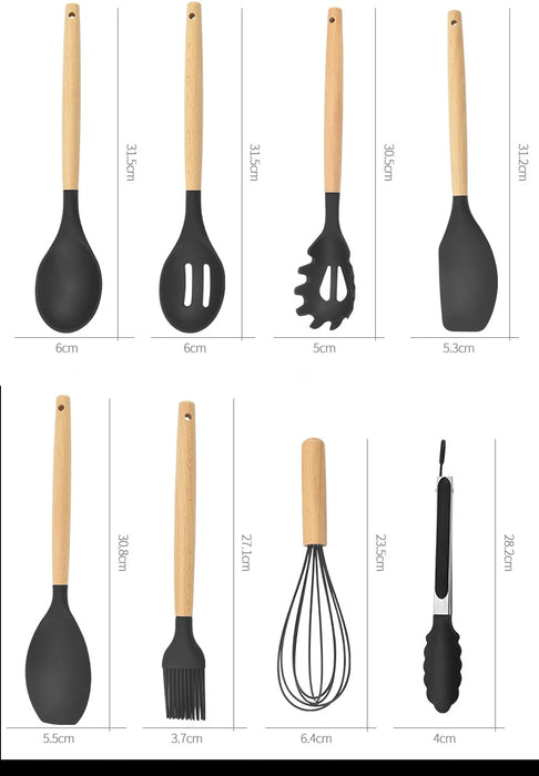 12-Piece Silicone Kitchen Utensil Set with Wooden Handles, Non-Stick