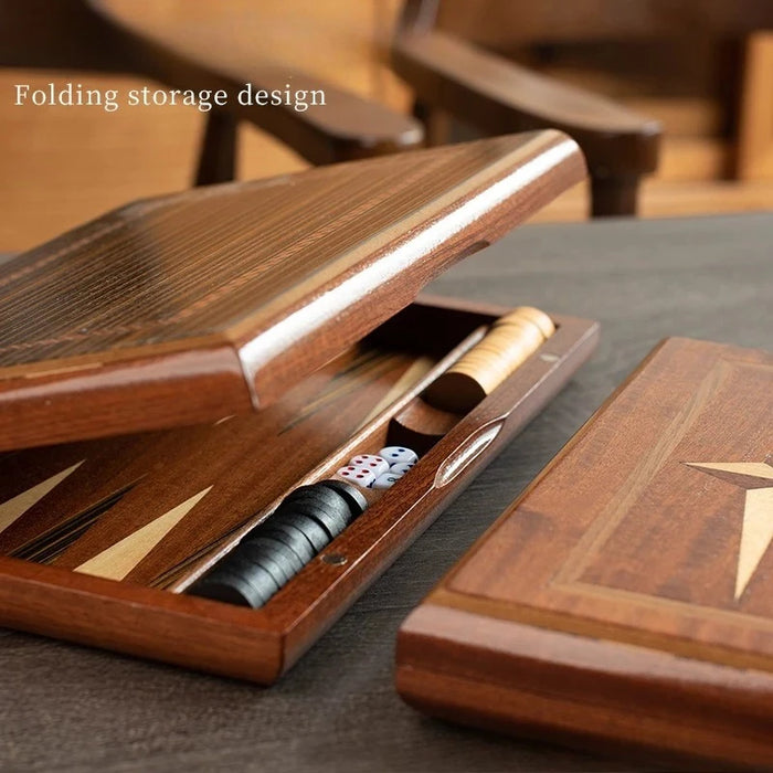 Solid Mahogany Veneer Backgammon Set – Foldable Tabletop Game for Family Entertainment