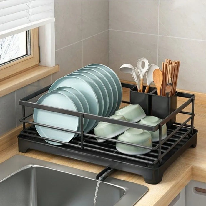 Carbon Steel & PP Dish Drying Rack with Drainer Tray — Space-Saving Plate Organiser