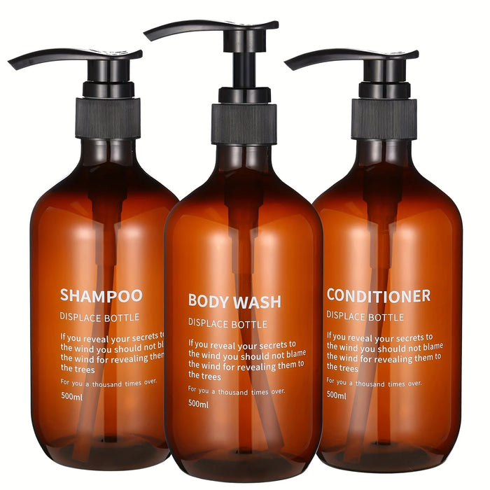 3‑Pack Amber Reusable Shampoo & Body Wash Dispensers with Printed Labels (500ml)