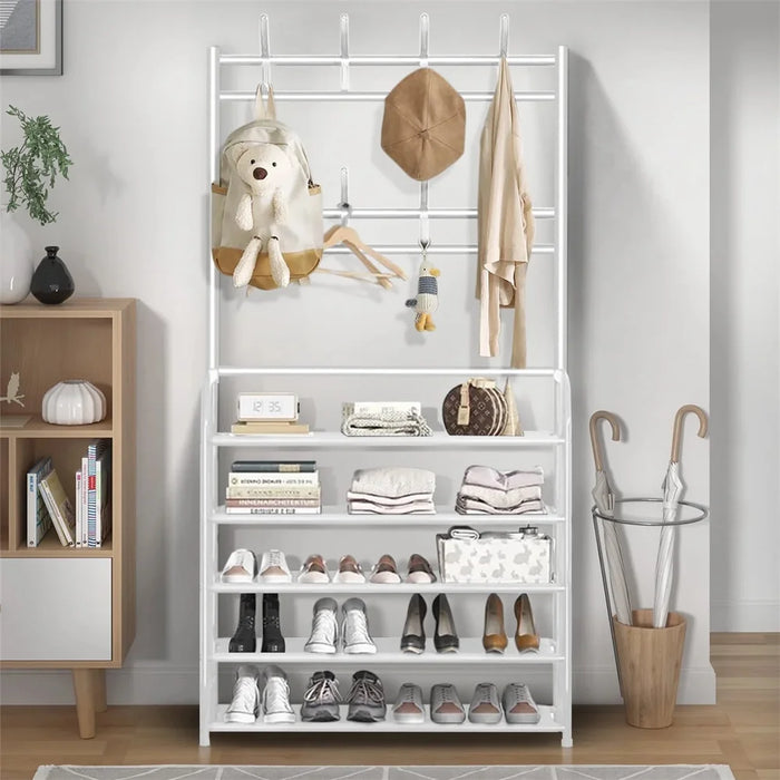 5-Tier Metal Coat & Shoe Rack with 8 Hooks — White