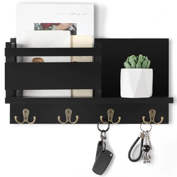 Wooden Wall-Mounted Key & Mail Organiser — Rustic Letter Sorter with 4 Key Hooks