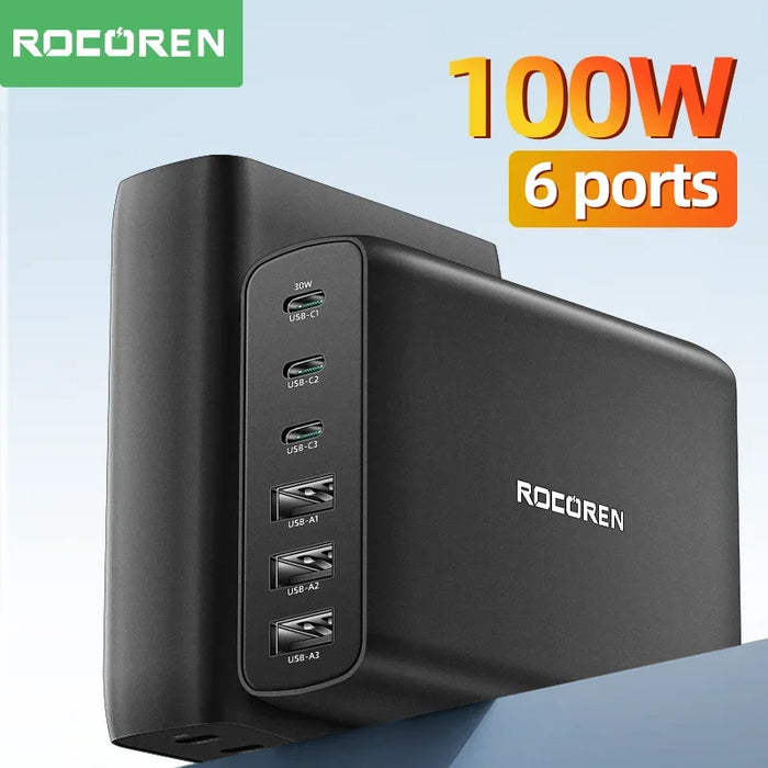 100W GaN 6‑Port Desktop Charger — 3×USB‑C (PD) + 3×USB‑A, 1.5m Cable