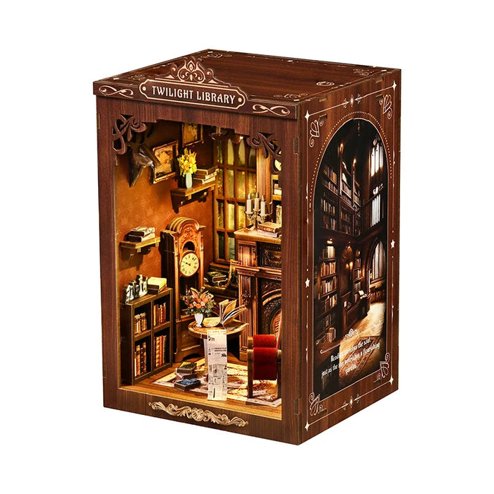 Twilight Library DIY Wooden Bookend Miniature Cottage with Touch LED