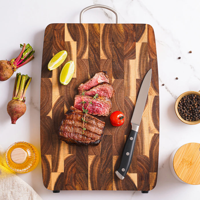 End-grain Acacia Butcher Block Cutting Board with Handle — 395×249×25 mm