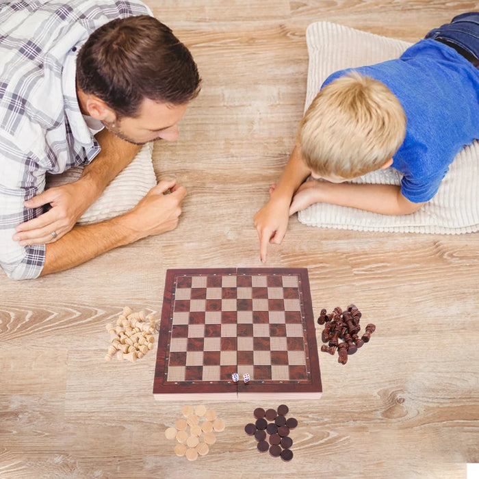 29x29cm Foldable 3‑in‑1 Wooden Chess, Checkers & Backgammon Board