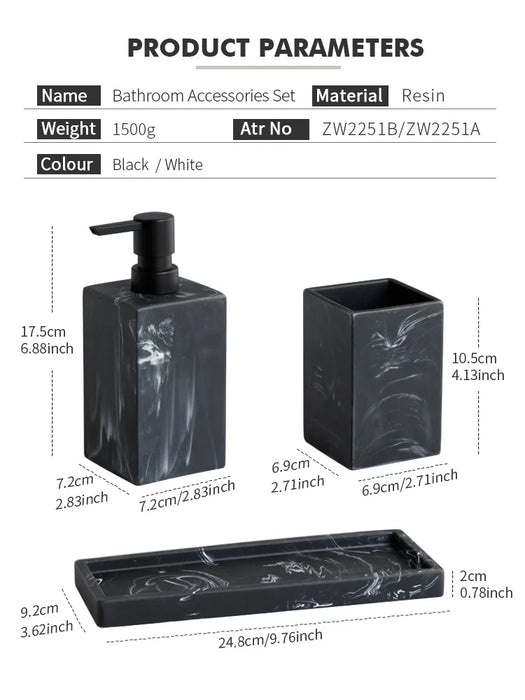 4-Piece Marble-Pattern Resin Bathroom Set — Lotion/Soap Dispenser, Toothbrush Holder, Tumbler & Tray (Black or White)