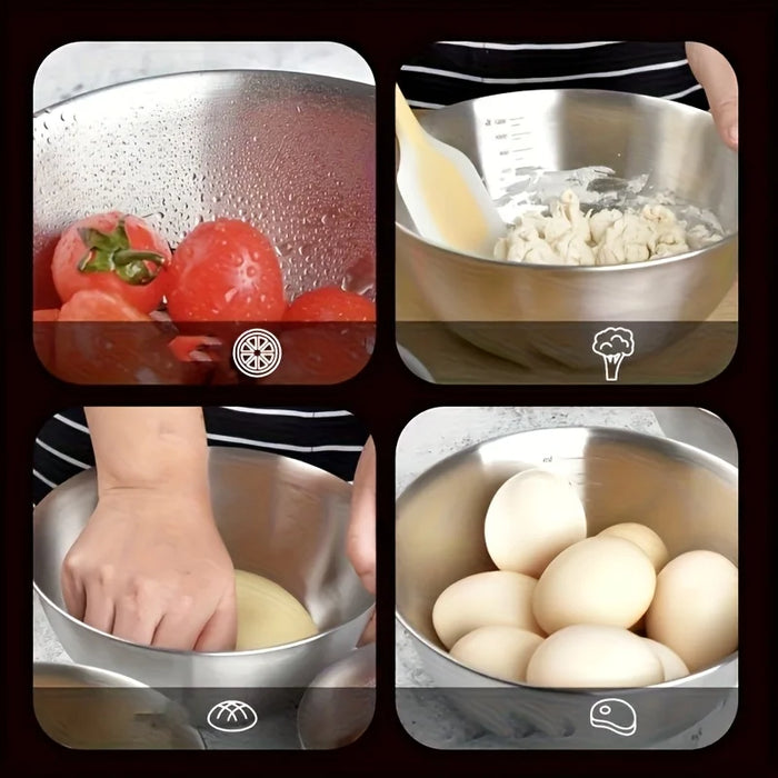 Set of 3 Stainless Steel Mixing Bowls with Measurement Marks — Thickened for Mixing & Kneading