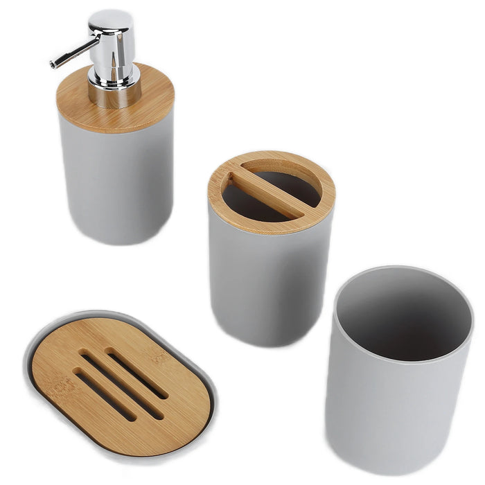 4-piece Bamboo-Accent Bathroom Set — Dispenser, Toothbrush Holder, Tumbler & Soap Dish