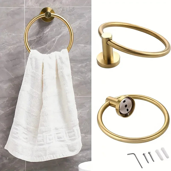 4-piece Stainless Steel Bathroom Set — Toilet Roll Holder, Towel Ring & 2 Hooks
