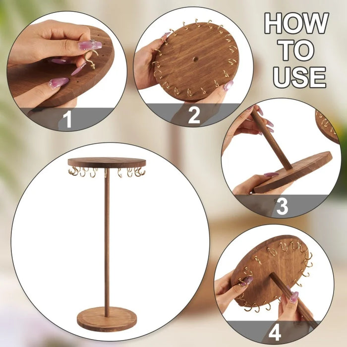 Wooden Jewellery Organiser Tower — 12 or 18 Golden Hooks, Round Base