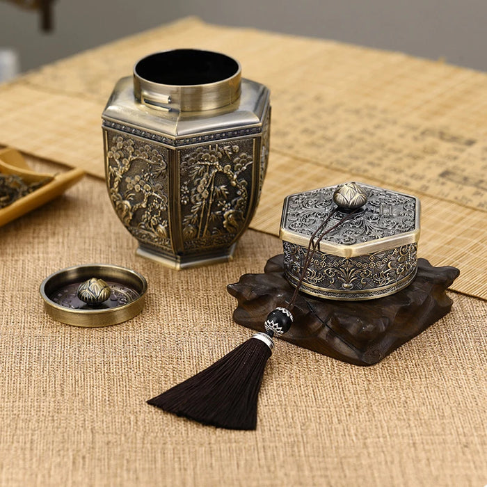 Metal Tea Caddy – Large Bronze Storage Can for Tea, Coffee & Sugar (15x6cm)