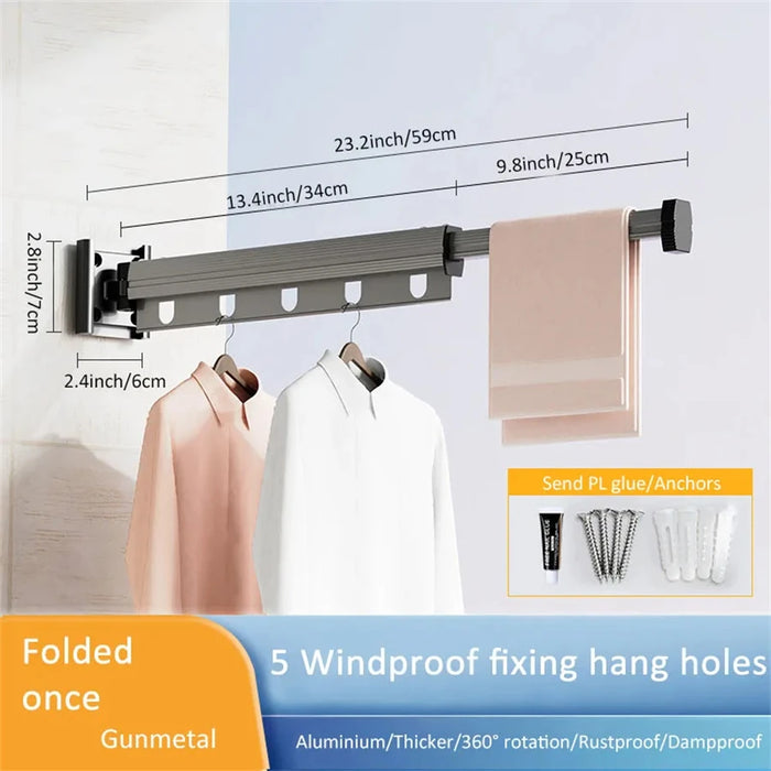 Foldaway Wall-mounted Clothes Dryer — White Aluminium Alloy, Retractable