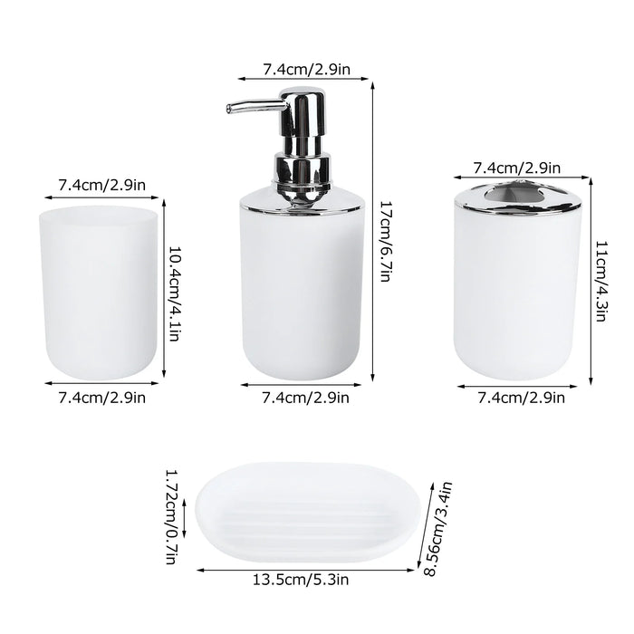 4‑Piece Plastic Bathroom Accessory Set — Soap Dispenser, Storage & Rinse Cups, Soap Dish